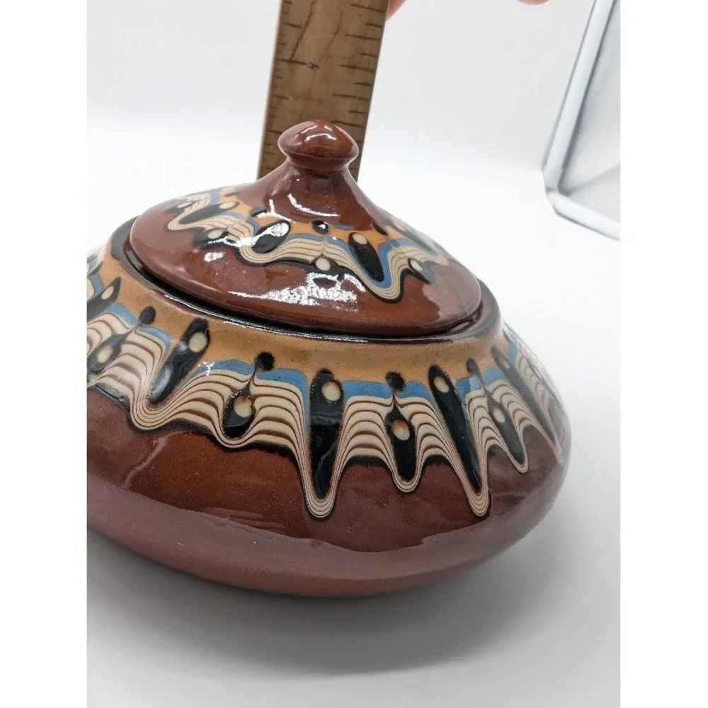 Vintage Bulgarian Troyan Pottery Lid Candy Dish 90s Redware‎ Folk Art Drip Glaze